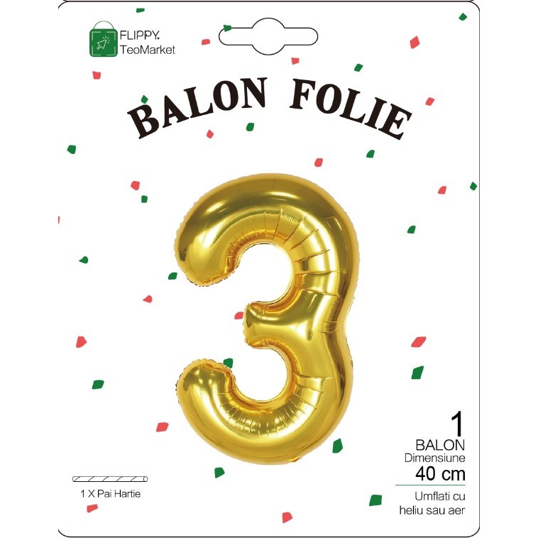 Balon din Folie Metalizata Flippy, Figurina Cifra, Tema Aniversare 40 cm, Ambalaj Individual, Pai inclus, Umflare cu Aer sau Heliu, Auriu, Cifra 3 - imagine 2
