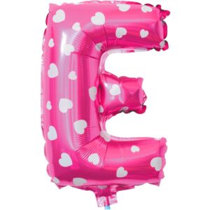 Balon Folie Metalizata Litera E, Flippy, 40 cm, Cu Imprimeu Inimioare, Umflati cu Heliu sau Aer, Ambalaj Individual, Pai inclus, Roz