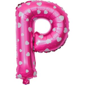 Balon Folie Metalizata Litera P, Flippy, 40 cm, Cu Imprimeu Inimioare, Umflati cu Heliu sau Aer, Ambalaj Individual, Pai inclus, Roz