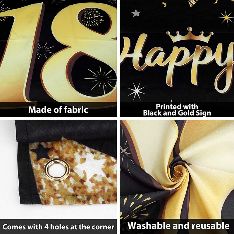 Banner pentru Petrecere, Flippy, Model Happy Birthday, Tematica Majorat, Aniversare 18 Ani, 185x90 cm, Negru - imagine 3