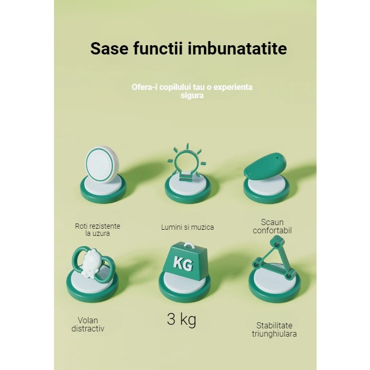 Bicicleta Pentru Copii, Flippy, Fara Pedale, Cu Patru Roti, Din Plastic Rezistent, Fara BPA, Cu Muzica Si Lumini, Model Dinozaur, 50x27x40 Cm, Verde - imagine 3