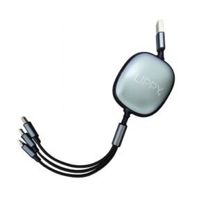 Cablu Retractabil Universal pentru Telefon, Flippy, Universal 3in1 pentru Orice Tip de Telefon, Micro-USB, Lightning, TYPE-C, 1.2M, Negru