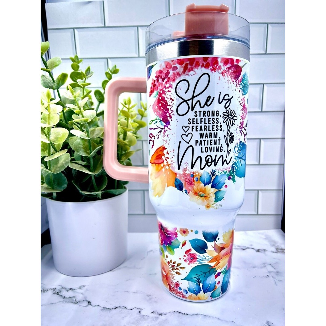 Cana Termos din Plastic, Flippy, pentru Bauturi Calde si Reci, cu Maner, Imprimeu Floral, cu Mesaj pentru Mama, Alb, 10x7.6x27.5 cm - imagine 3