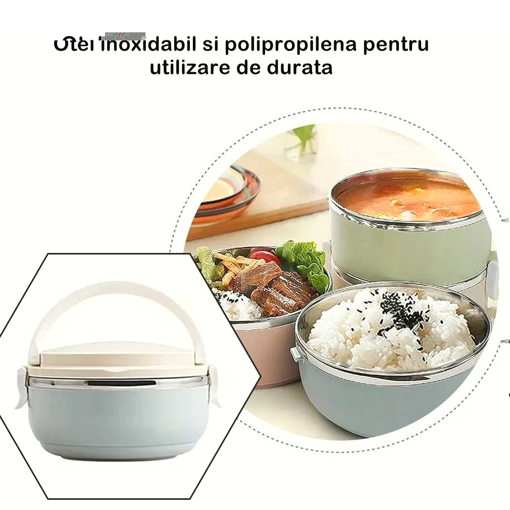Caserola pentru alimente Flippy, lunch box, 700 ml, otel inoxidabil, maner, valva aerisire, inchidere etansa, 15 x 8.5 cm, albastru - imagine 2