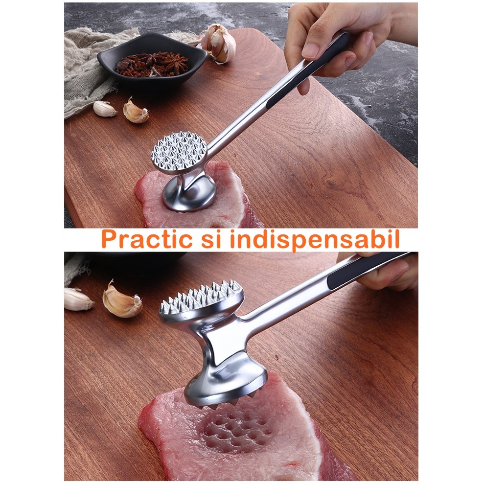 Ciocan pentru snitele si carne Flippy, din aliaj de zinc, maner antialunecare, doua capete, 22 cm, argintiu - imagine 2