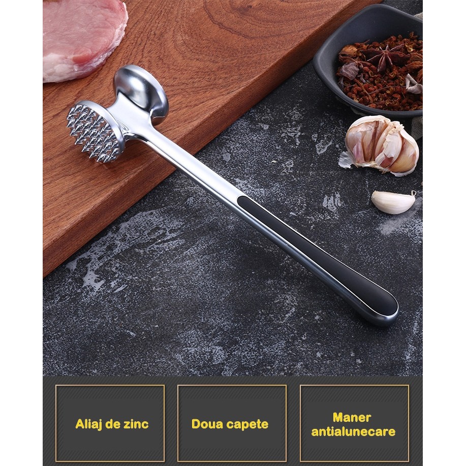 Ciocan pentru snitele si carne Flippy, din aliaj de zinc, maner antialunecare, doua capete, 22 cm, argintiu - imagine 3