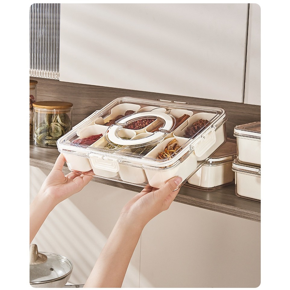 Cutie Alimentara Multifunctionala, Flippy, pentru Condimente, Gustari, Inchidere Etans, cu Capac si Maner, 8 Compartimente, 32 x 8 x 25 cm, Alb - imagine 3