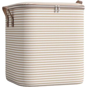 Cutie de Depozitare cu Fermoar, Flippy, Pliabila, Maner Ranforsat, Fermoar Rezistent, pentru Haine, Paturi, Plapume, Perne, Lenjerii de Pat, Jucarii, 56x45x56 cm, 150 Litri, in Dungi, Bej