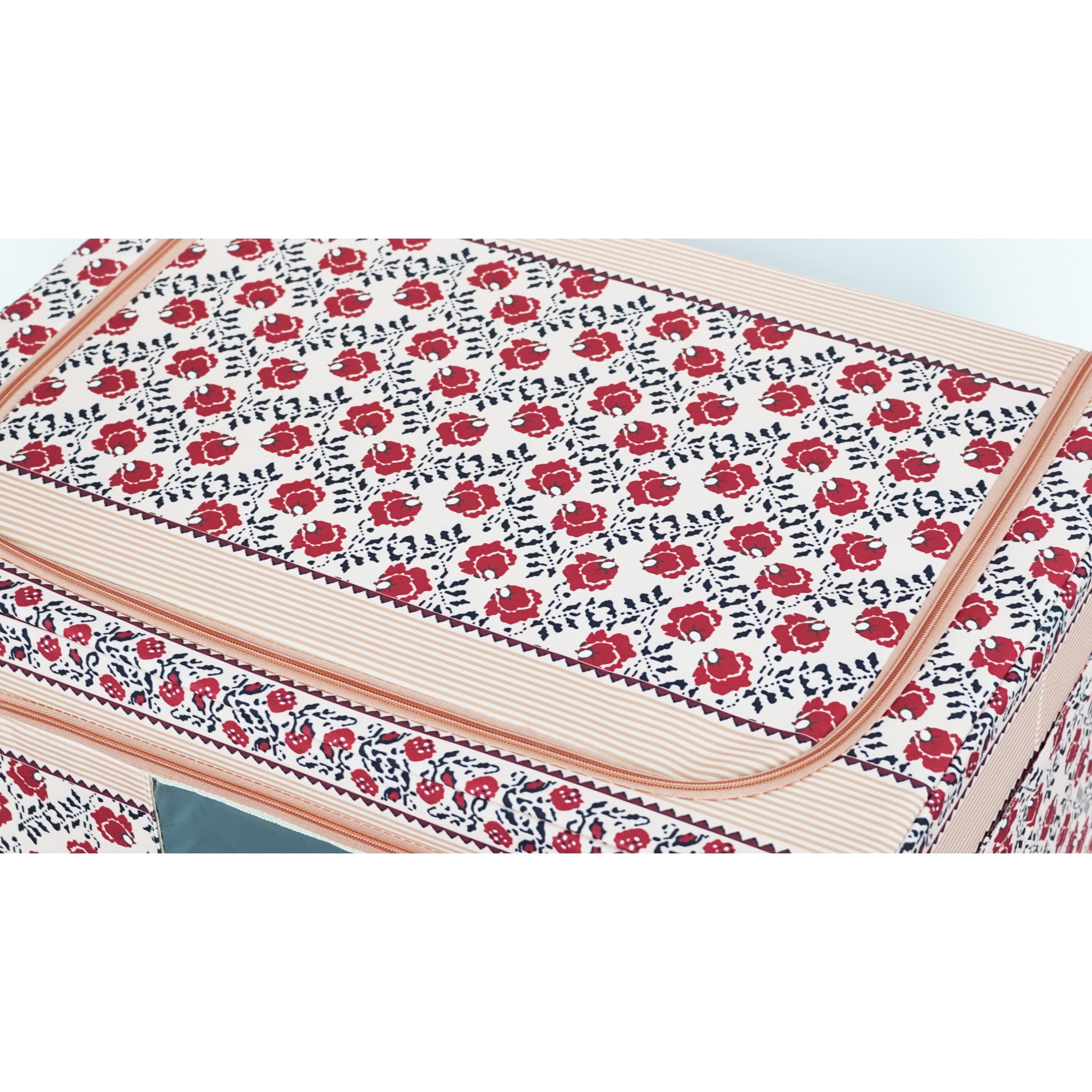 Cutie de Depozitare Pliabila, Flippy,100 L din Bumbac si In, 60X42X40 cm, Fereastra Frontala, 2 Usi de Acces cu Fermoar Bidirectional, Cadru Metalic, Suport Baza Stabil din Plastic, Motiv Traditional Model 4 - imagine 2