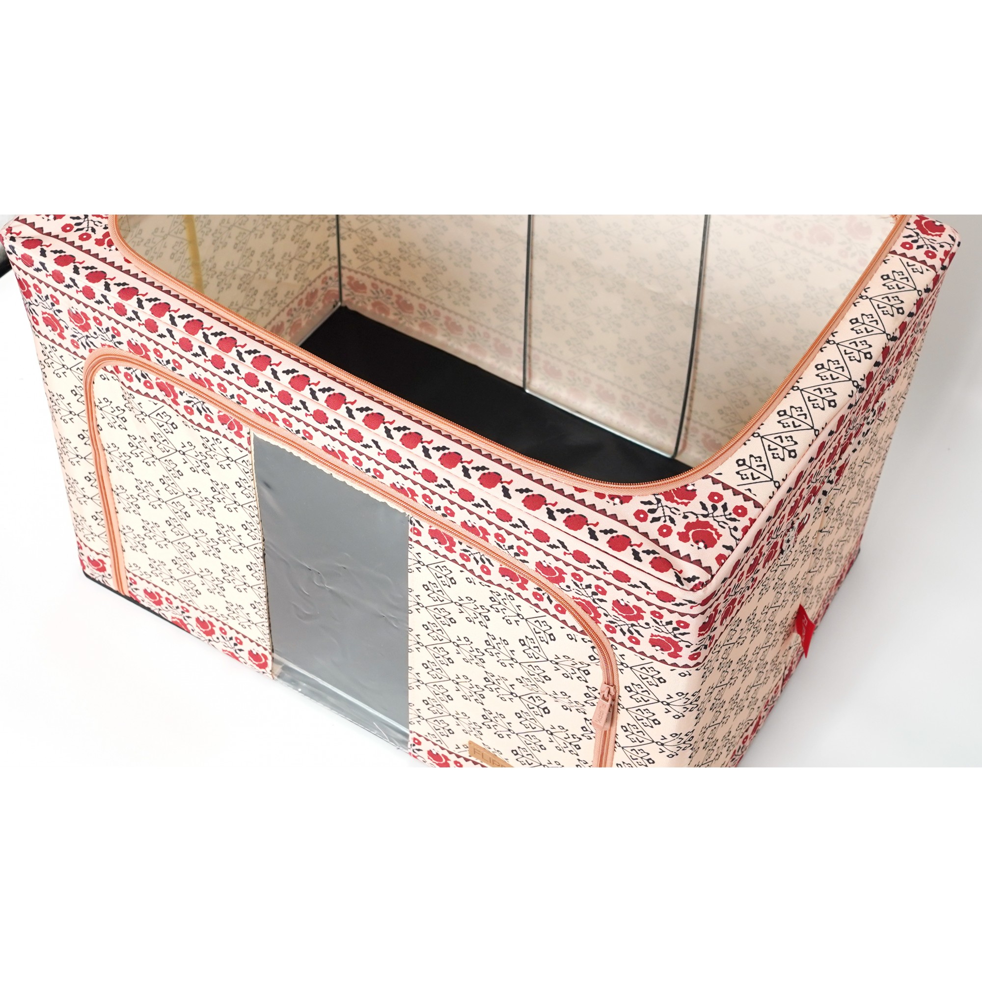 Cutie de Depozitare Pliabila, Flippy,100 L din Bumbac si In, 60X42X40 cm, Fereastra Frontala, 2 Usi de Acces cu Fermoar Bidirectional, Cadru Metalic, Suport Baza Stabil din Plastic, Motiv Traditional Model 3 - imagine 2