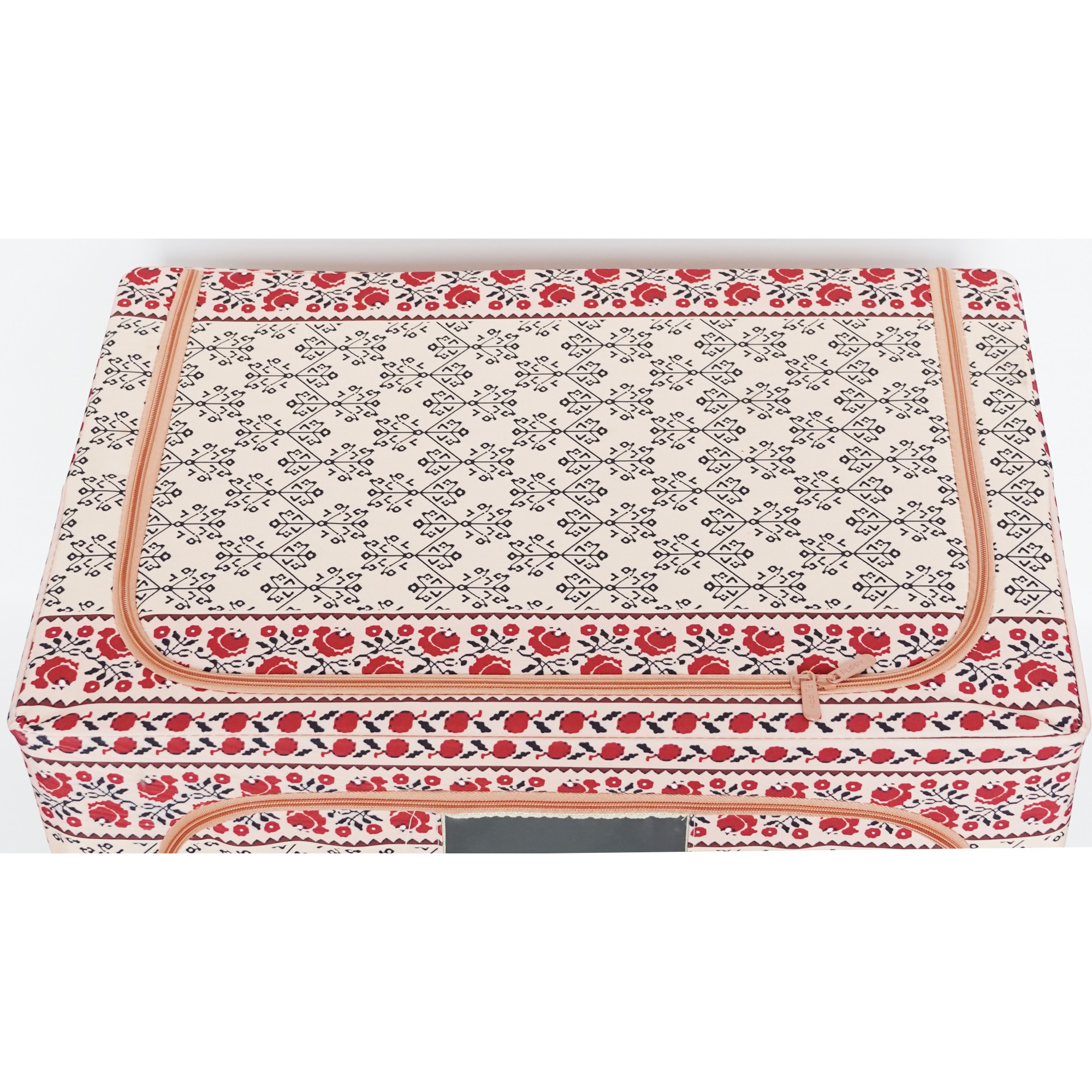 Cutie de Depozitare Pliabila, Flippy,100 L din Bumbac si In, 60X42X40 cm, Fereastra Frontala, 2 Usi de Acces cu Fermoar Bidirectional, Cadru Metalic, Suport Baza Stabil din Plastic, Motiv Traditional Model 3 - imagine 3