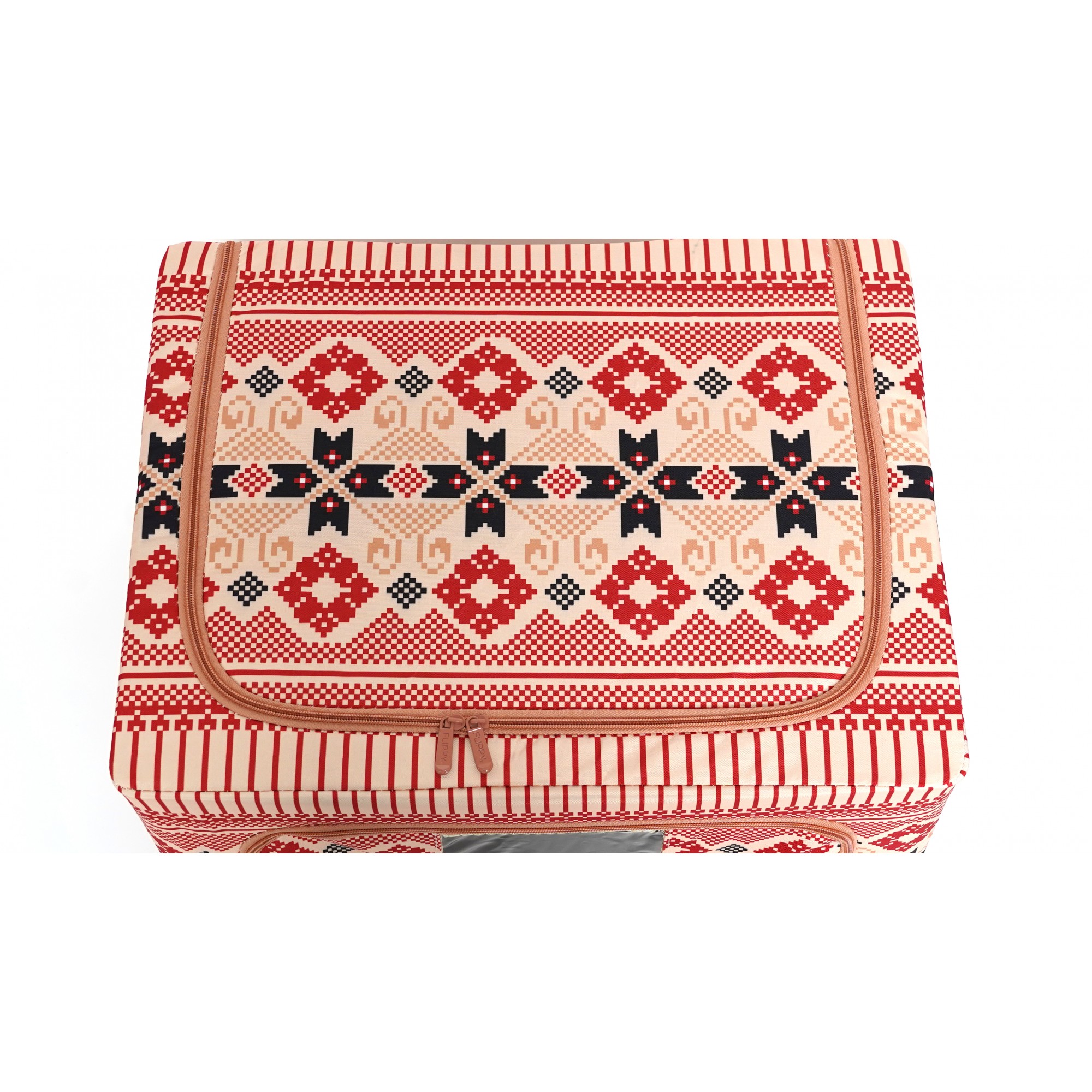 Cutie de Depozitare Pliabila, Flippy,100 L din Bumbac si In, 60X42X40 cm, Fereastra Frontala, 2 Usi de Acces cu Fermoar Bidirectional, Cadru Metalic, Suport Baza Stabil din Plastic, Motiv Traditional Model 1 - imagine 2