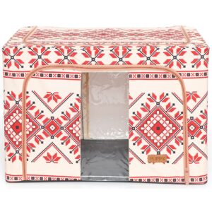 Cutie de Depozitare Pliabila, Flippy,100 L din Bumbac si In, 60X42X40 cm, Fereastra Frontala, 2 Usi de Acces cu Fermoar Bidirectional, Cadru Metalic, Suport Baza Stabil din Plastic, Motiv Traditional Model 2