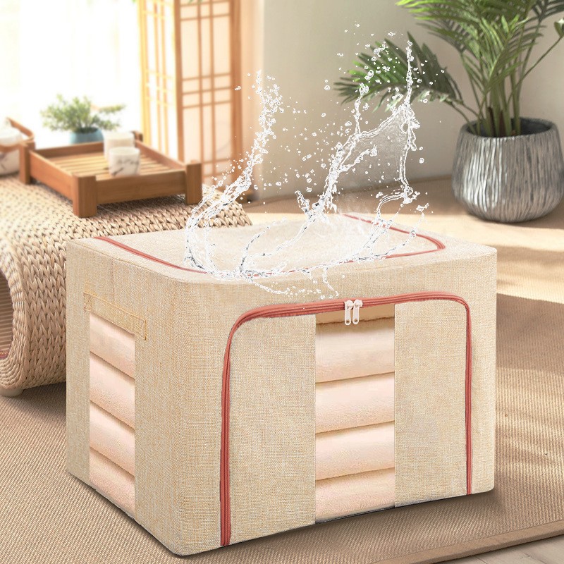 Cutie de Depozitare Pliabila, Flippy, 24 L, din Bumbac si In, 40x30x20 cm, 2 Ferestre, Frontala si Laterala, 2 Usi de Acces cu Fermoar Bidirectional, Cadru Metalic, Suport Baza Stabil din Plastic, Bej - imagine 4