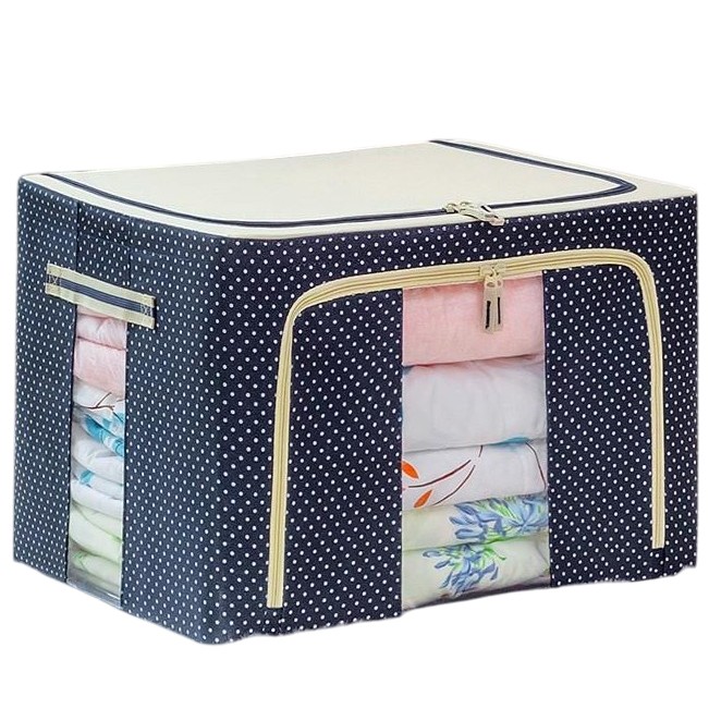 Cutie de Depozitare Pliabila, Flippy, 24 L, Panza Oxford, 40x30x20 cm, Fereastra Frontala, 2 Usi de Acces cu Fermoar Bidirectional, Cadru Metalic, Suport Baza Stabil din Plastic, Imprimeu buline, Albastru Marin - imagine 2