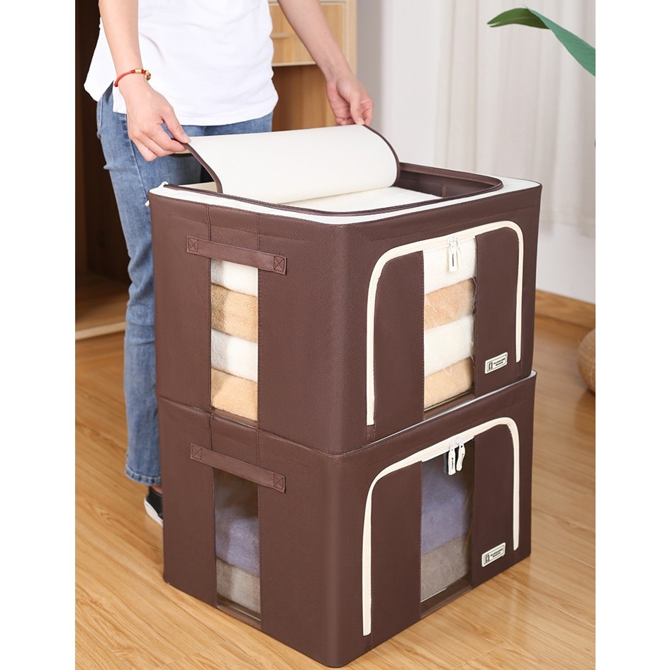 Cutie de Depozitare Pliabila, Flippy, Cu Fereastra si Fermoar Dublu, 66 L, Textil Premium, 50x40x33 cm, Cadru Metalic, Impermeabila, Maro - imagine 2