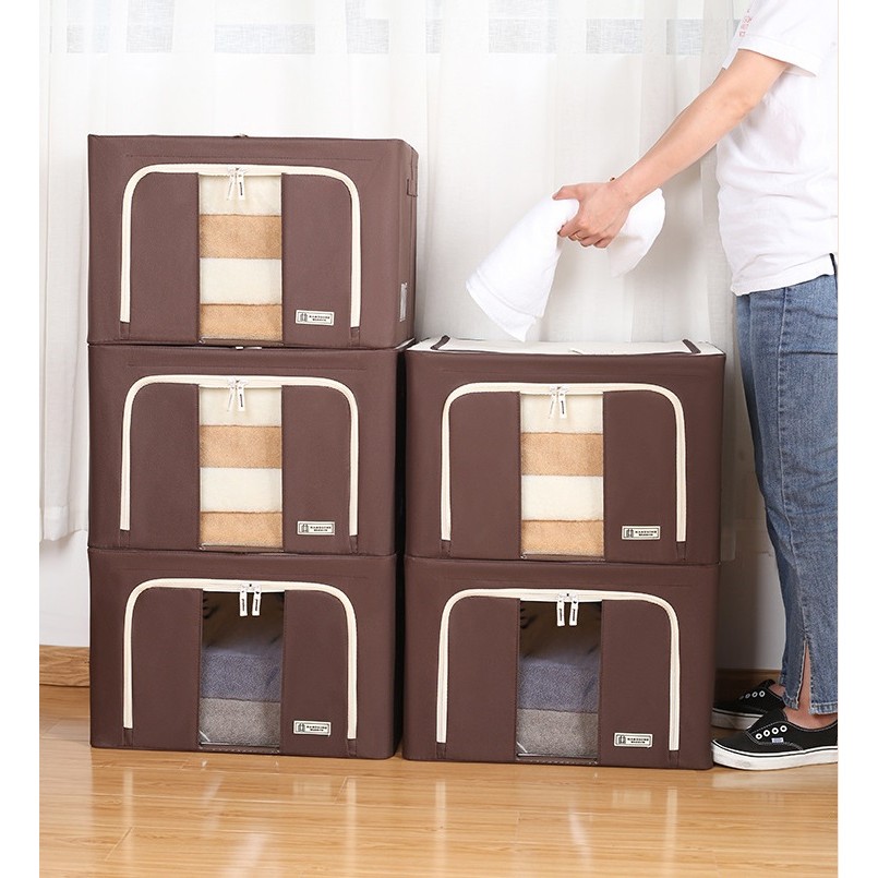 Cutie de Depozitare Pliabila, Flippy, Cu Fereastra si Fermoar Dublu, 66 L, Textil Premium, 50x40x33 cm, Cadru Metalic, Impermeabila, Maro - imagine 4