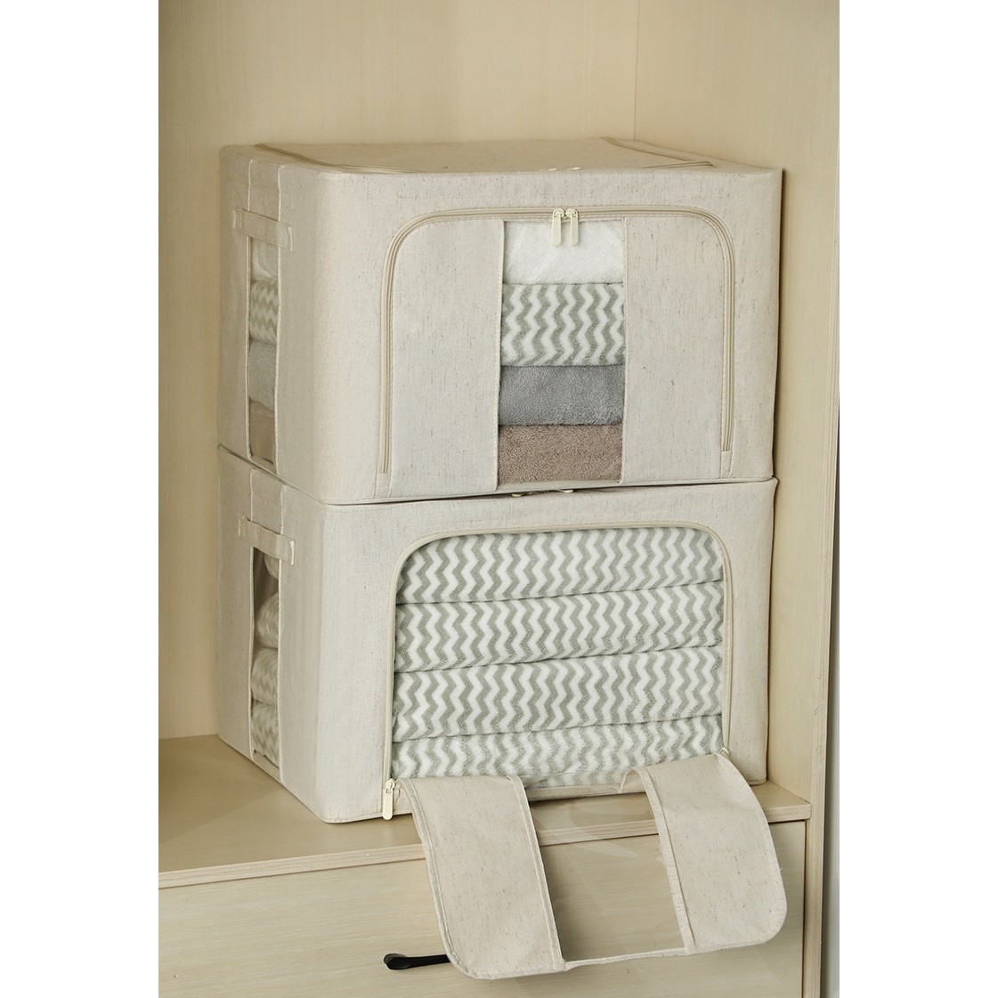 Cutie de Depozitare Pliabila, Flippy, Cu Fereastra si Fermoar Dublu, 66 L, Textil Premium, 50x40x33 cm, Cadru Metalic, Impermeabila, Alb Texturat - imagine 3