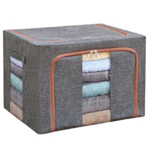 Cutie de depozitare pliabila, Flippy, Cu fermoar, 100 L, Textil, 60x42x40 cm, Cadru Metalic, Suport Baza Stabil din Plastic, Gri