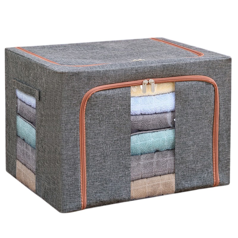 Cutie de depozitare pliabila, Flippy, Cu fermoar, 100 L, Textil, 60x42x40 cm, Cadru Metalic, Suport Baza Stabil din Plastic, Gri