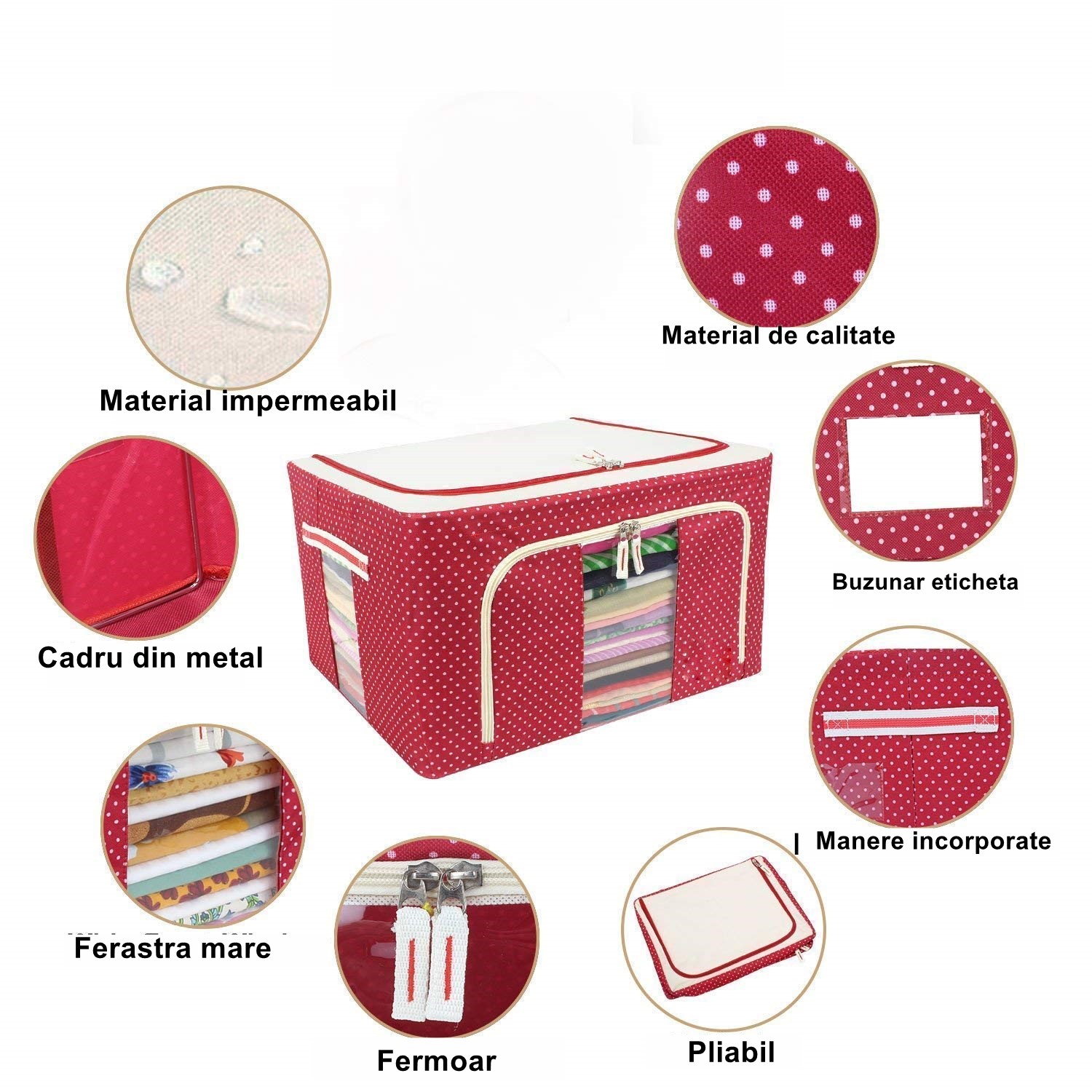 Cutie de Depozitare Pliabila, Flippy, cu Fermoar, 100 L, Textil, 60x42x40 cm, O Fereastra, Cadru Metalic, Suport Baza Stabil din Plastic, imprimeu punctat, Rosu - imagine 4