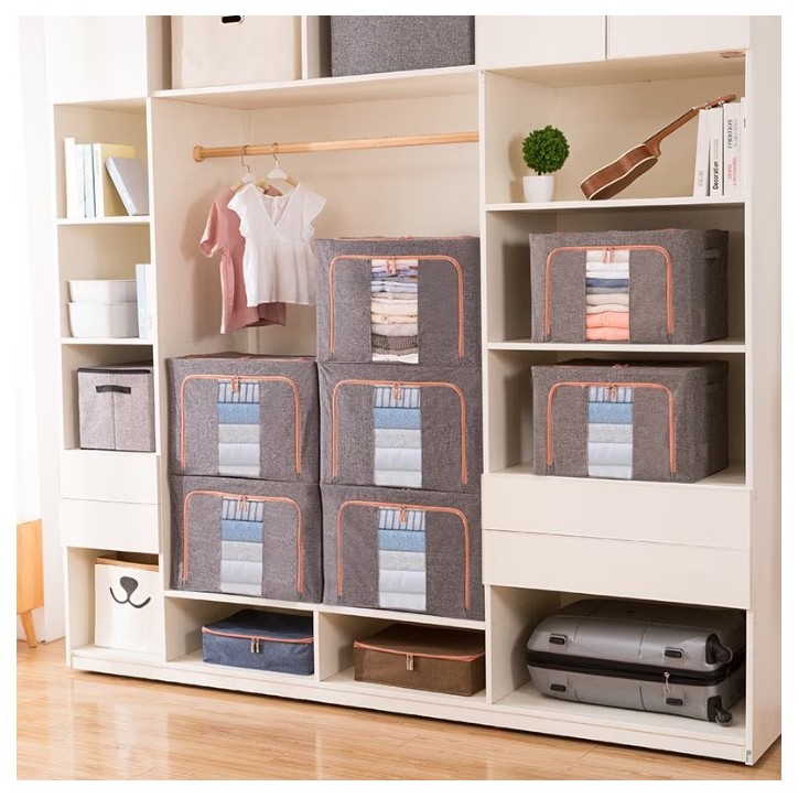 Cutie de Depozitare Pliabila, Flippy, 24 L, din Bumbac si In, 40x30x20 cm, 2 Ferestre, Frontala si Laterala, 2 Usi de Acces cu Fermoar Bidirectional, Cadru Metalic, Suport Baza Stabil din Plastic, Gri - imagine 4