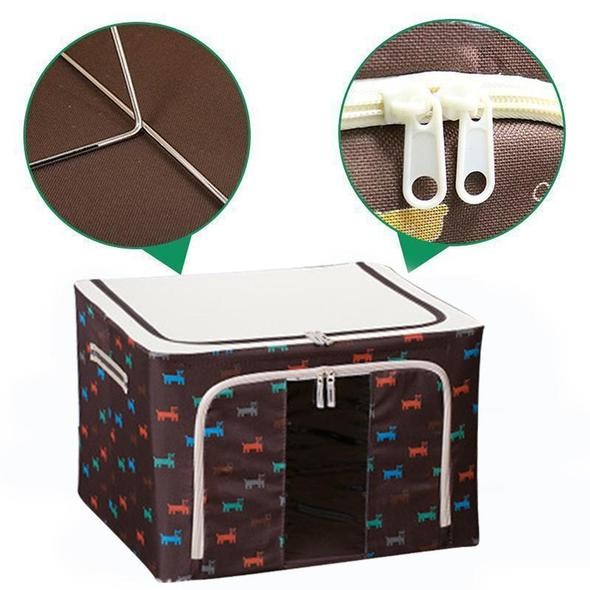 Cutie de Depozitare Pliabila, Flippy, 24 L, Panza Oxford, 40x30x20 cm, Fereastra Frontala, 2 Usi de Acces cu Fermoar Bidirectional, Cadru Metalic, Suport Baza Stabil din Plastic, Imprimeu Catelus, Maro/Bej - imagine 4