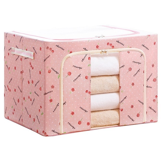 Cutie de Depozitare Pliabila, Flippy, Cu Fermoar, 66 L, Textil, 50x40x33 cm, cu Fereastra, Cadru Metalic, Suport Baza Stabil din Plastic, Imprimeu Cirese, Roz - imagine 4