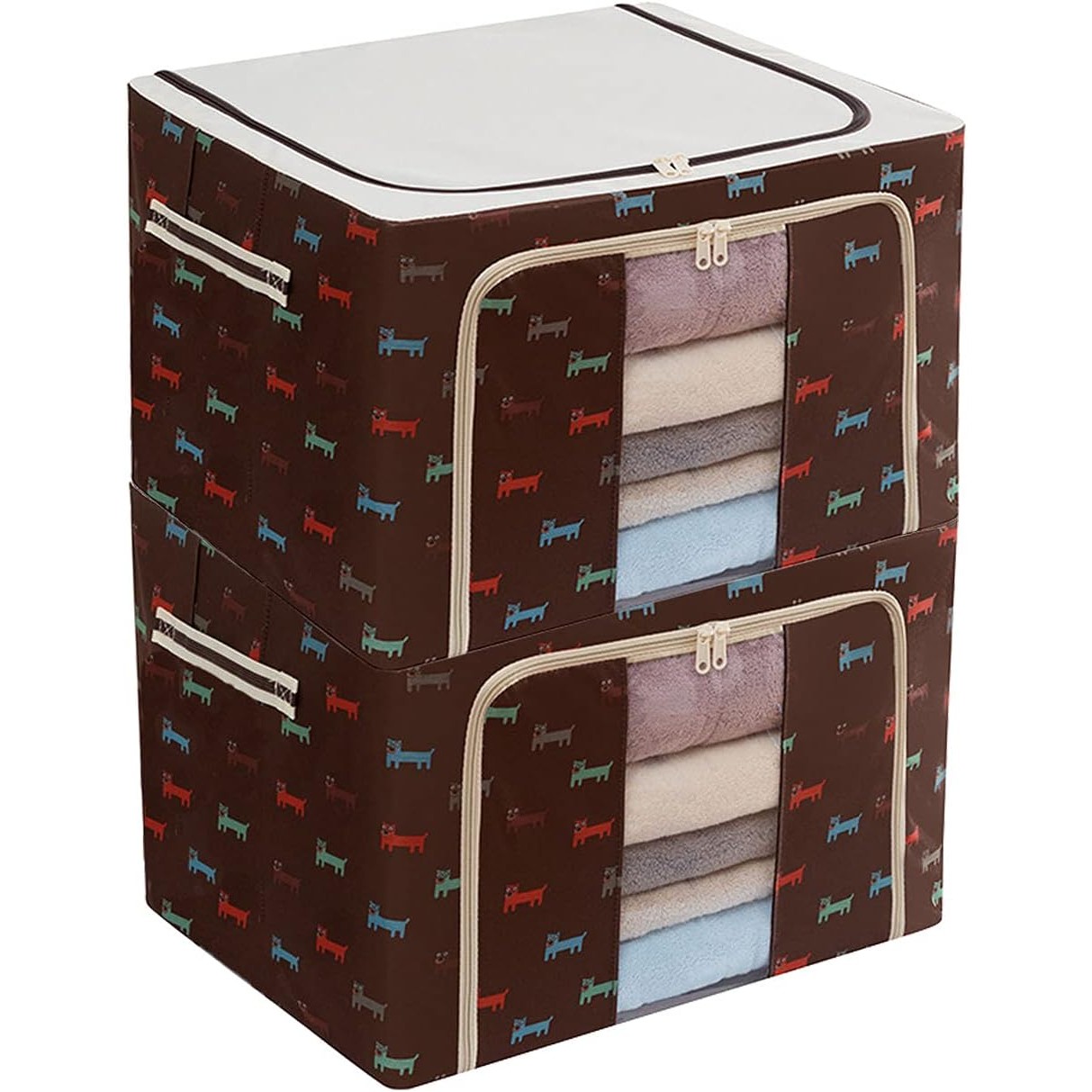 Cutie de Depozitare Pliabila, Flippy, 66 L, din Tesatura Oxford, 50x40x33 cm, Fereastra Frontala, 2 Usi de Acces cu Fermoar Bidirectional, Cadru Metalic, Suport Baza Stabil din Plastic, Imprimeu Catelusi, Maro - imagine 3