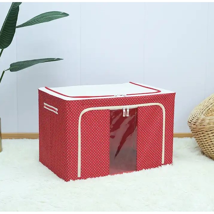 Cutie de Depozitare Pliabila, Flippy, 66 L, din Tesatura Oxford, 50x40x33 cm, Fereastra Frontala, 2 Usi de Acces cu Fermoar Bidirectional, Cadru Metalic, Suport Baza Stabil din Plastic, Imprimeu Buline, Rosu - imagine 3