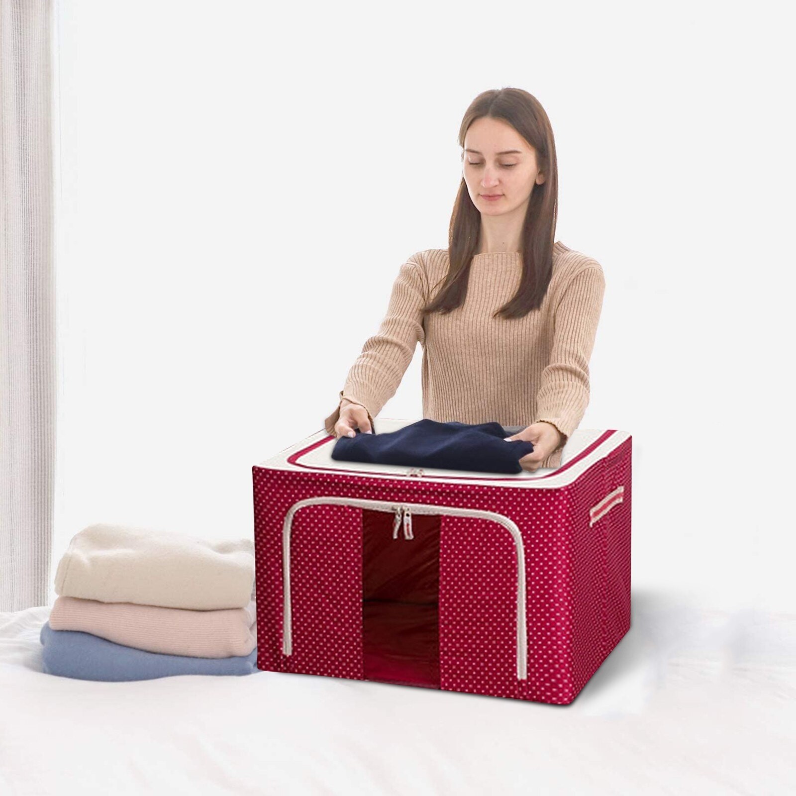 Cutie de Depozitare Pliabila, Flippy, 66 L, din Tesatura Oxford, 50x40x33 cm, Fereastra Frontala, 2 Usi de Acces cu Fermoar Bidirectional, Cadru Metalic, Suport Baza Stabil din Plastic, Imprimeu Buline, Rosu - imagine 2