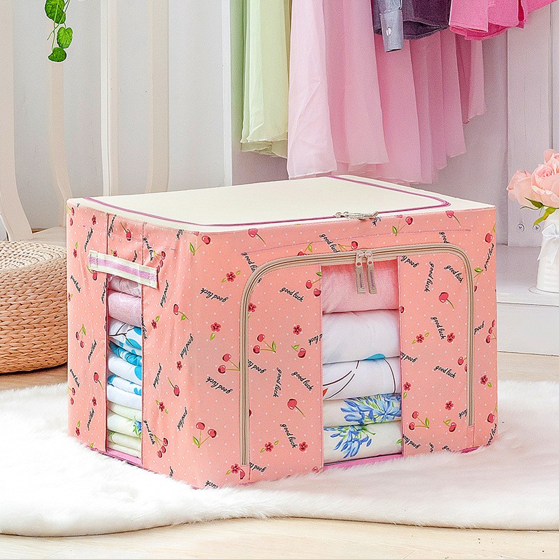 Cutie de Depozitare Pliabila, Flippy, 66 L, din Tesatura Oxford, 50x40x33 cm, 2 Ferestre, Frontala si Laterala, 2 Usi de Acces cu Fermoar Bidirectional, Cadru Metalic, Suport Baza Stabil din Plastic, Imprimeu Cirese, Roz - imagine 2