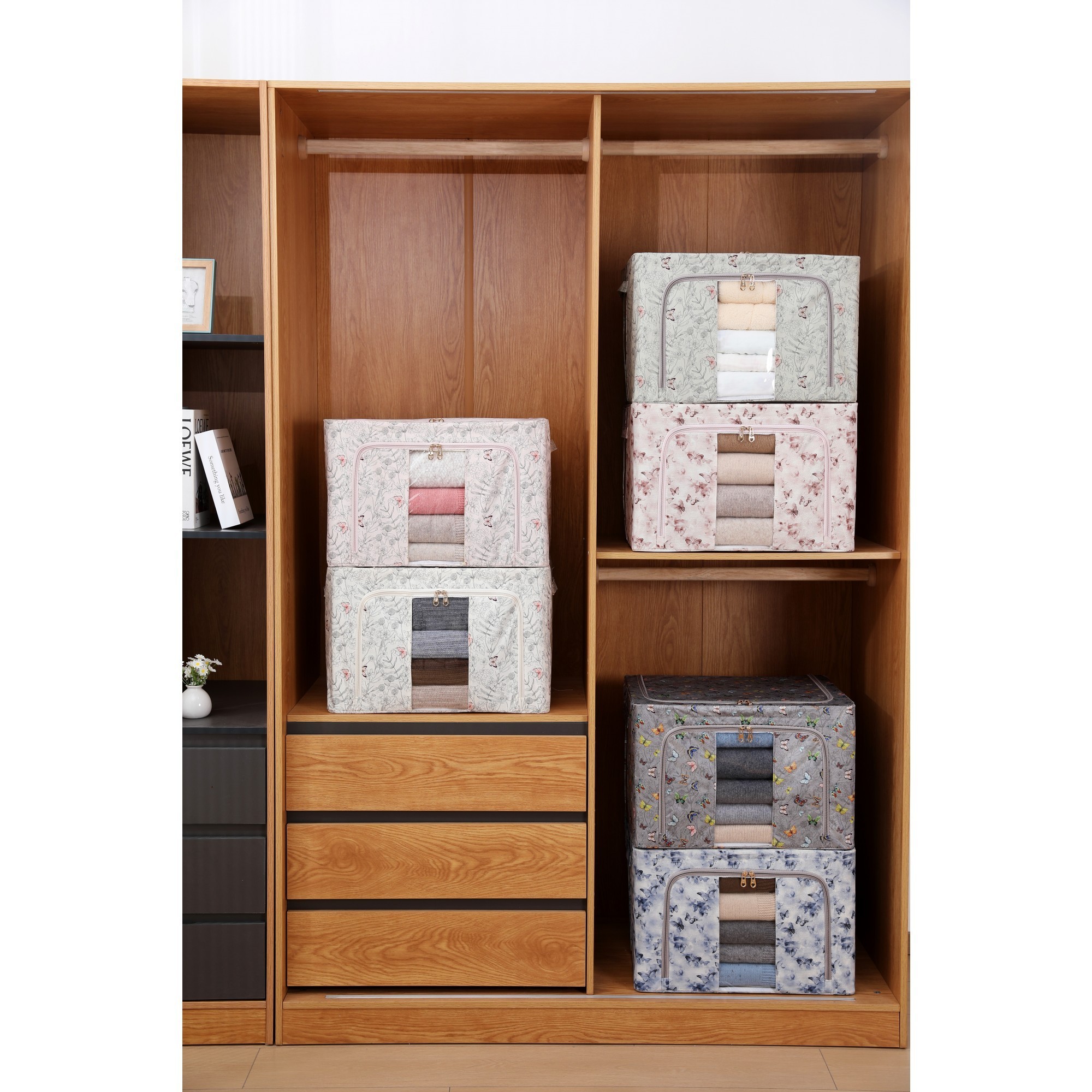 Cutie Depozitare, Flippy, 66L, din Material Textil, 50 x 40 x 33 cm, pentru Haine si Lenjerii, Model Floare de Prun, Roz - imagine 3