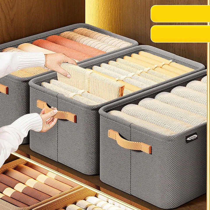 Cutie Depozitare Flippy, pentru Haine, lucruri, din Textil cu Cadru Metalic, Manere Laterale, forma Dreptunghiulara, 42 x 28 x 25 cm, volum 29 L, Gri - imagine 3