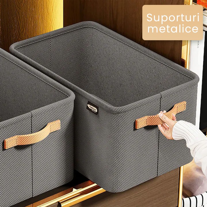 Cutie Depozitare Flippy, pentru Haine, lucruri, din Textil cu Cadru Metalic, Manere Laterale, forma Dreptunghiulara, 42 x 28 x 25 cm, volum 29 L, Gri - imagine 4