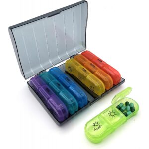 Cutie Depozitare Medicamente, Flippy, 7 Zile, 21 Compartimente, Cutie Suport, Recipiente Detasabile, Portabila, Recipiente Colorate, Cutie Neagra, 15.6x12 cm