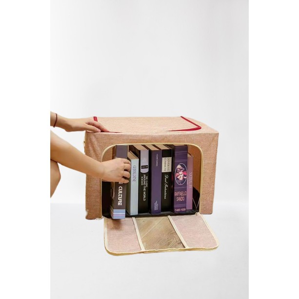 Cutie de Depozitare Pliabila, Flippy, 24 L, din Bumbac si In, 40x30x20 cm, 2 Ferestre, Frontala si Laterala, 2 Usi de Acces cu Fermoar Bidirectional, Cadru Metalic, Suport Baza Stabil din Plastic, Bej - imagine 2