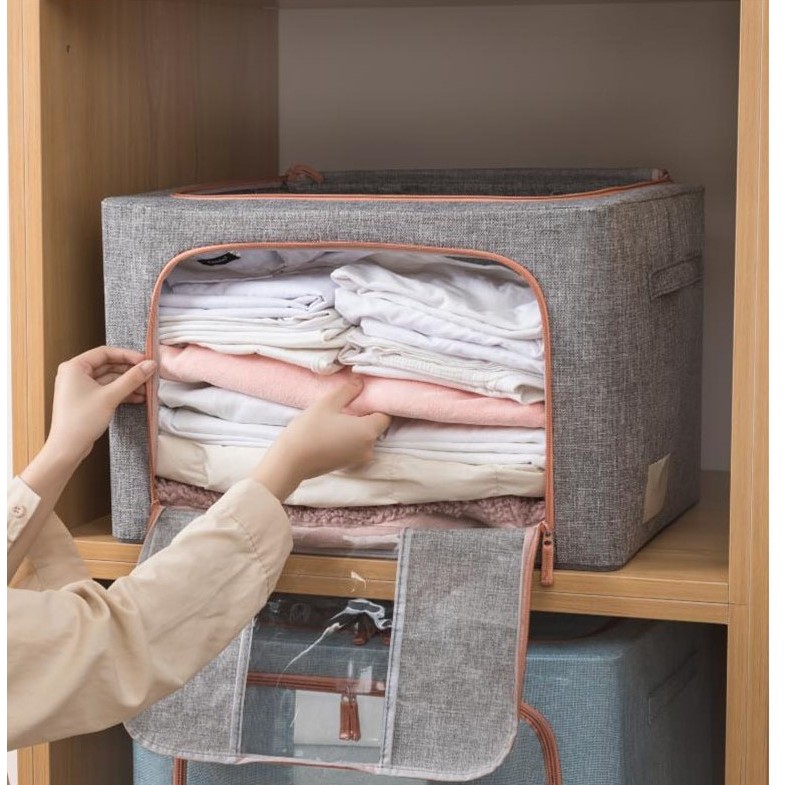 Cutie de Depozitare Pliabila, Flippy, 66 L, din Bumbac si In, 50x40x33 cm, Fereastra Frontala, 2 Usi de Acces cu Fermoar Bidirectional, Cadru Metalic, Suport Baza Stabil din Plastic, Gri - imagine 3