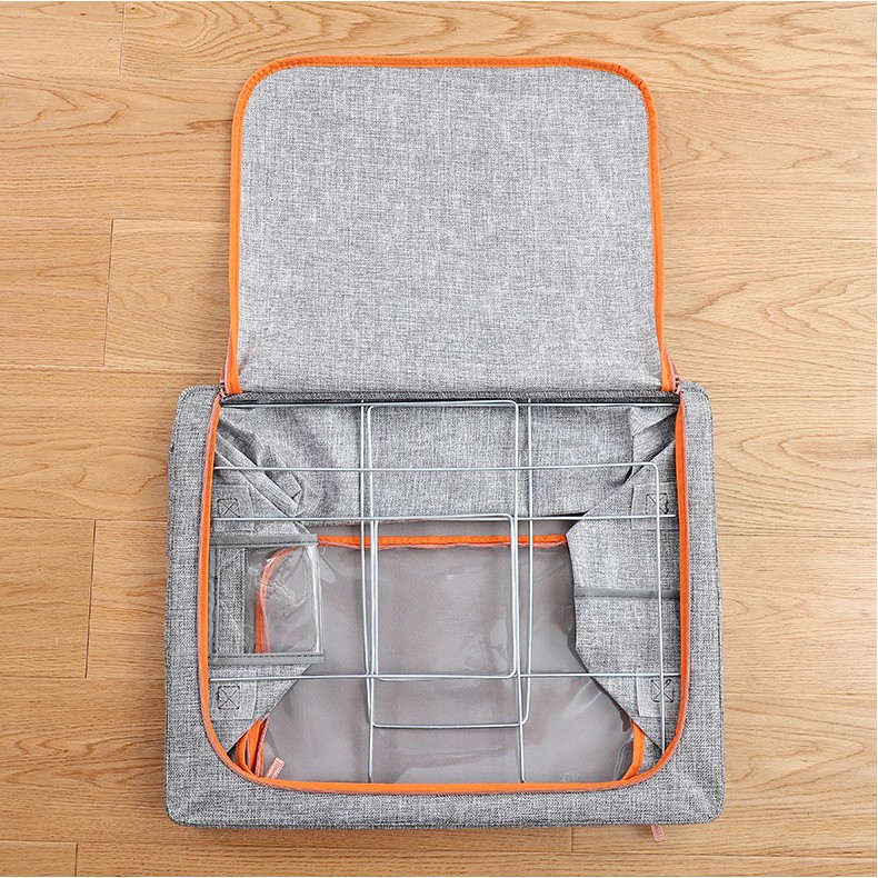 Cutie de Depozitare Pliabila, Flippy, 66 L, din Bumbac si In, 50x40x33 cm, Fereastra Frontala, 2 Usi de Acces cu Fermoar Bidirectional, Cadru Metalic, Suport Baza Stabil din Plastic, Gri - imagine 4