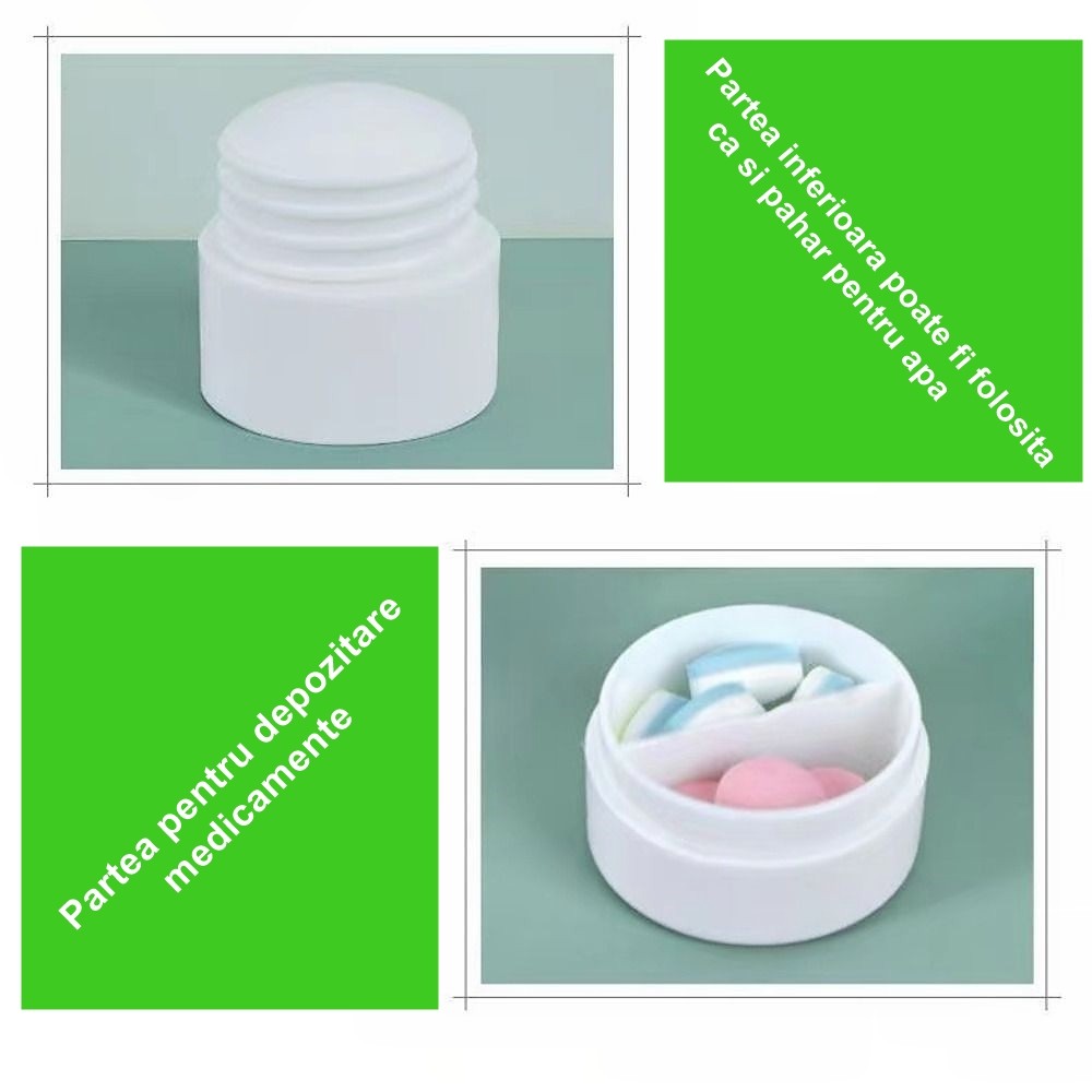 Cutie Pastile Multifunctionala, Flippy, 4 in 1, Pahar Apa, Taiere, Sfaramare, Depozitare, Compact, ABS cu Lama din Inox, Alb, 8.7x6.2x4.1 cm - imagine 3