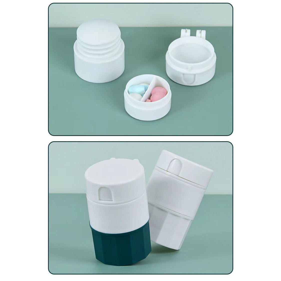 Cutie Pastile Multifunctionala, Flippy, 4 in 1, Pahar Apa, Taiere, Sfaramare, Depozitare, Compact, ABS cu Lama din Inox, Alb/Verde, 8.7x6.2x4.1 cm - imagine 4