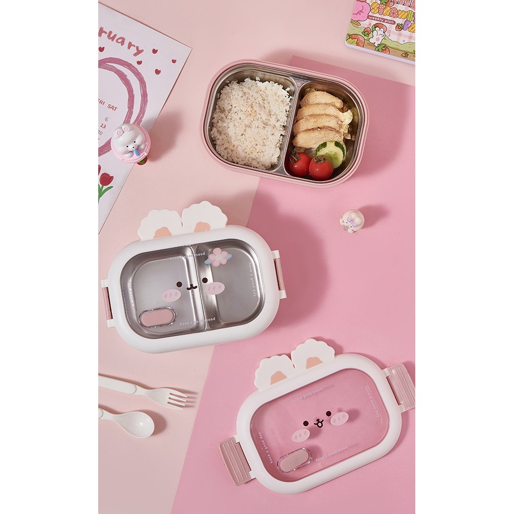 Cutie pentru Pranz sau Gustari, Flippy, cu Doua Compartimente, Model Iepuras, pentru Copii si Adulti, Etansare, PP, Perfect pentru Scoala si Birou, 1000 mL, 22x17.8x8 cm, Alb - imagine 3