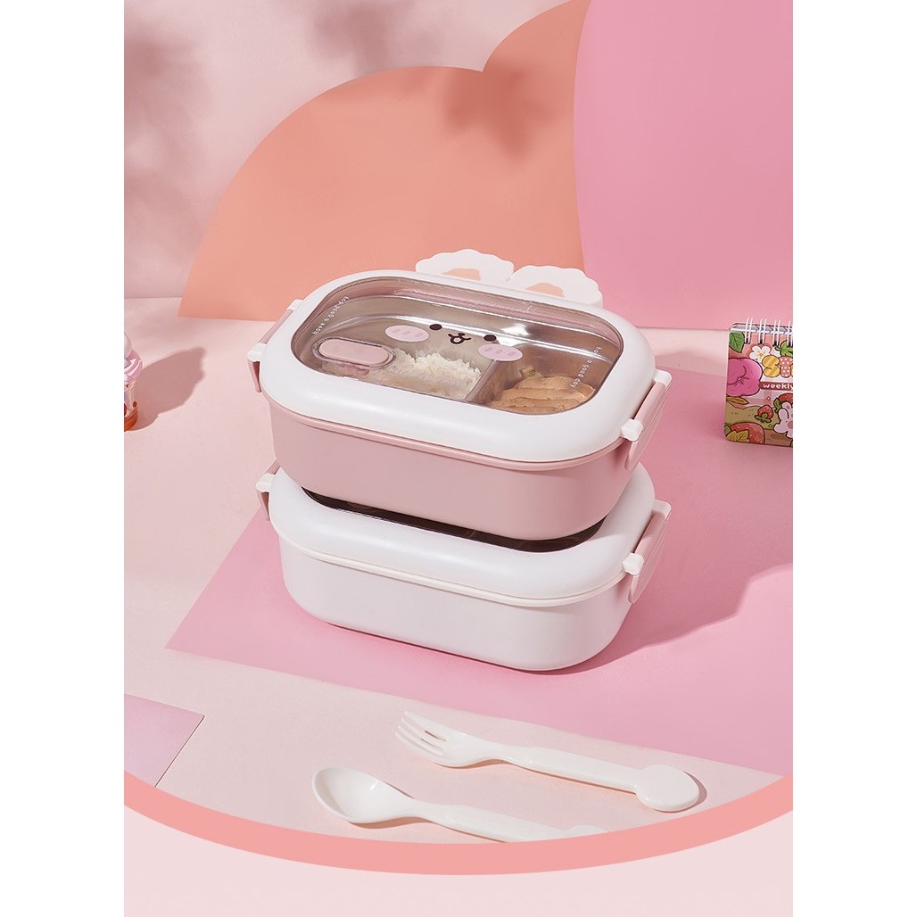 Cutie pentru Pranz sau Gustari, Flippy, cu Doua Compartimente, Model Iepuras, pentru Copii si Adulti, Etansare, PP, Perfect pentru Scoala si Birou, 1000 mL, 22x17.8x8 cm, Alb - imagine 4