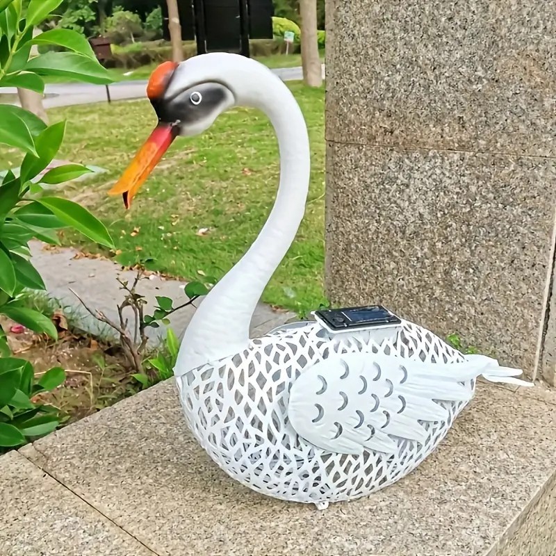 Decoratiune de Gradina cu Lampa solara, Flippy, Model Lebada, Iluminare Led si Incarcare Solara, 39.5 x 35.5 x 14 cm, din Fier, Alb - imagine 3