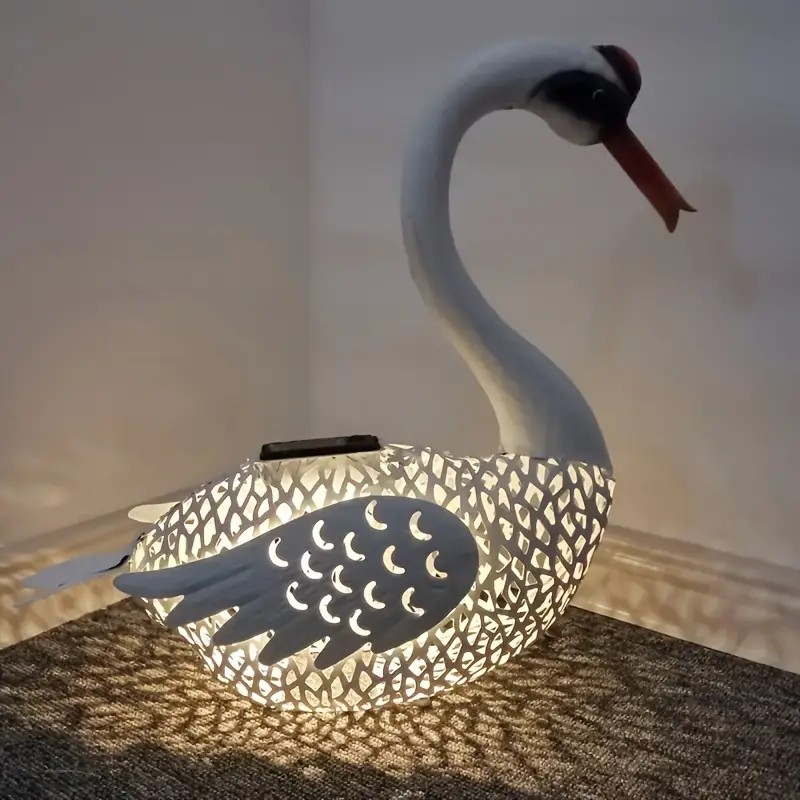 Decoratiune de Gradina cu Lampa solara, Flippy, Model Lebada, Iluminare Led si Incarcare Solara, 39.5 x 35.5 x 14 cm, din Fier, Alb - imagine 4