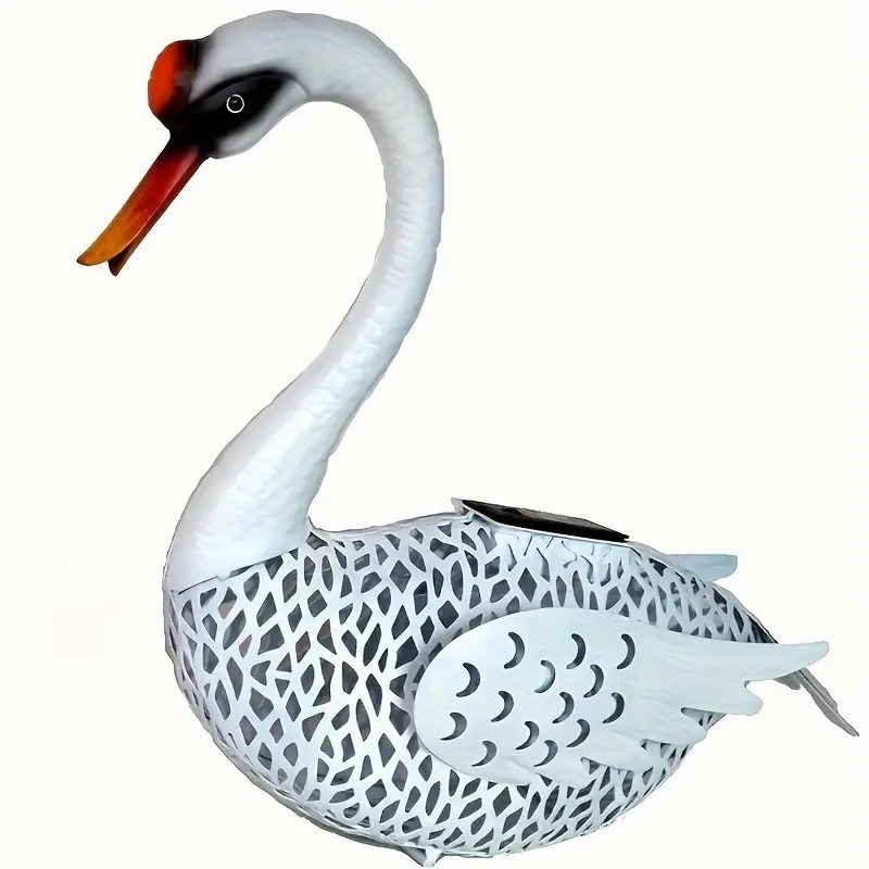 Decoratiune de Gradina cu Lampa solara, Flippy, Model Lebada, Iluminare Led si Incarcare Solara, 39.5 x 35.5 x 14 cm, din Fier, Alb