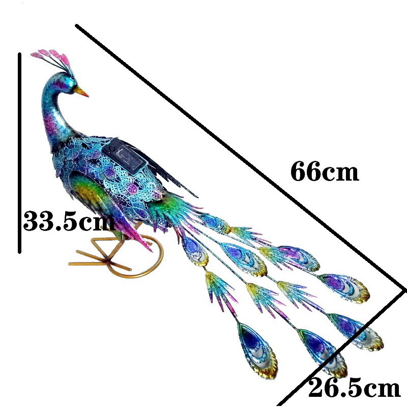 Decoratiune de Gradina cu Lampa solara, Flippy, Model Paun Pitic, Iluminare Led si Incarcare Solara, 66 x 33.5 x 26.5 cm, din Fier, Albastru Multicolor - imagine 2