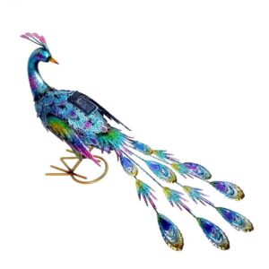 Decoratiune de Gradina cu Lampa solara, Flippy, Model Paun Pitic, Iluminare Led si Incarcare Solara, 66 x 33.5 x 26.5 cm, din Fier, Albastru Multicolor