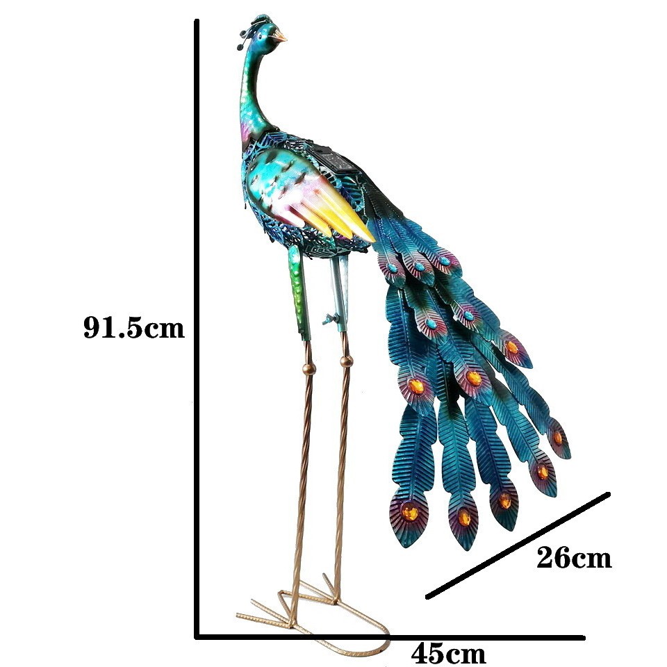 Decoratiune de Gradina cu Lampa solara, Flippy, Model Paun, Iluminare Led si Incarcare Solara, 91.5 x 45 x 26 cm, din Fier, Albastru azur - imagine 3