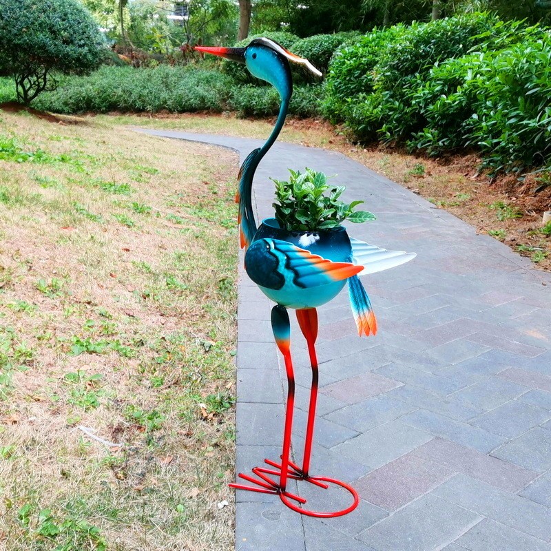 Decoratiune pentru Gradina, Flippy, Flamingo pentru Gradina cu Suport pentru Plante Flori, Ornament de Ghiveci de Flori, Model Flamingo, din Fier, 71 x 34 x 22 cm, Albastru - imagine 3